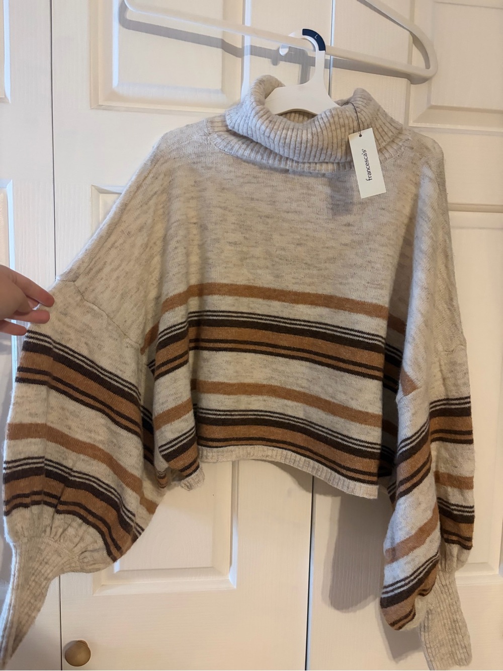 Francesca's Collections Cream Turtleneck Sweater with Brown Stripes